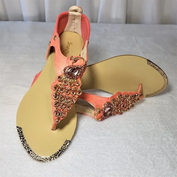 Coral Pink Summer Sandals Rhinestone Peacock Bird Thong Strap - Picture 8 of 9